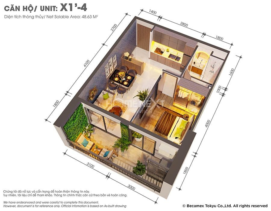Mẫu căn hộ 1 phòng ngủ X1'-4 dự án The GLORY