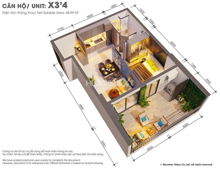 Mẫu căn hộ 1 phòng ngủ X3'-4 dự án The GLORY