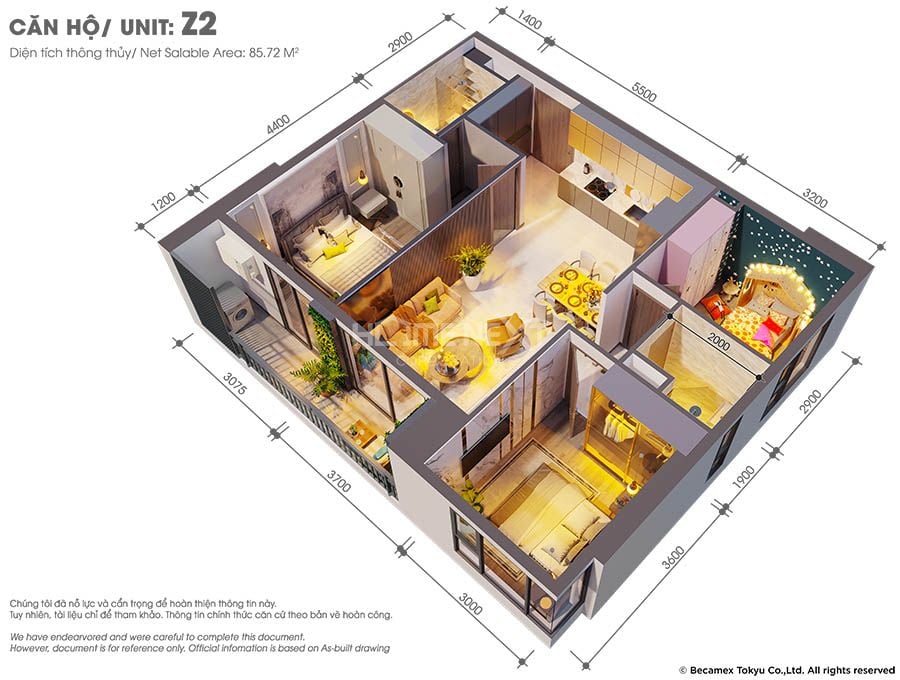 Mẫu căn hộ 3 phòng ngủ Z2 Midori Park The GLORY
