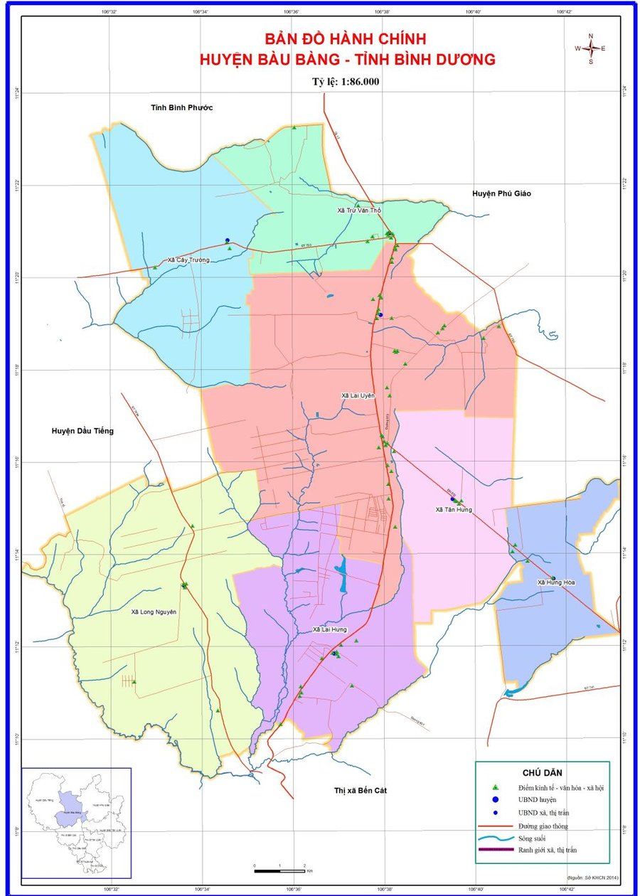 Bản đồ hành chính huyện Bàu Bàng Bình Dương có 7 đơn vị hành chính