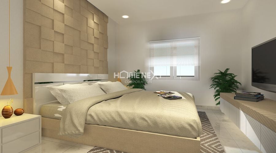 Căn phòng ngủ Aster Garden Towers thiết kế với gam màu trầm ấm, sang trọng và tinh tế