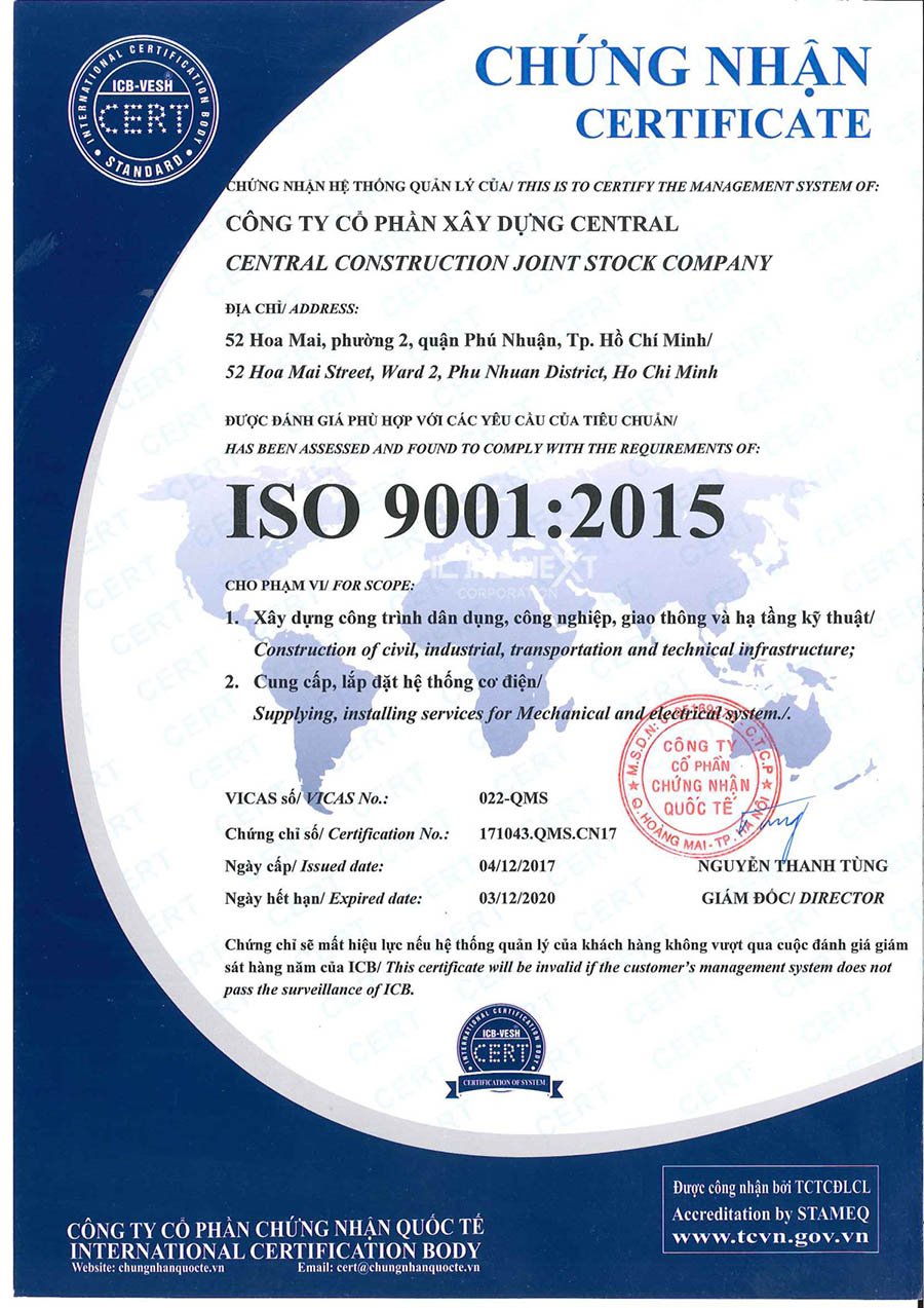 Giấy chứng nhận ISO của nhà thầu Central Giấy chứng nhận ISO của nhà thầu Central