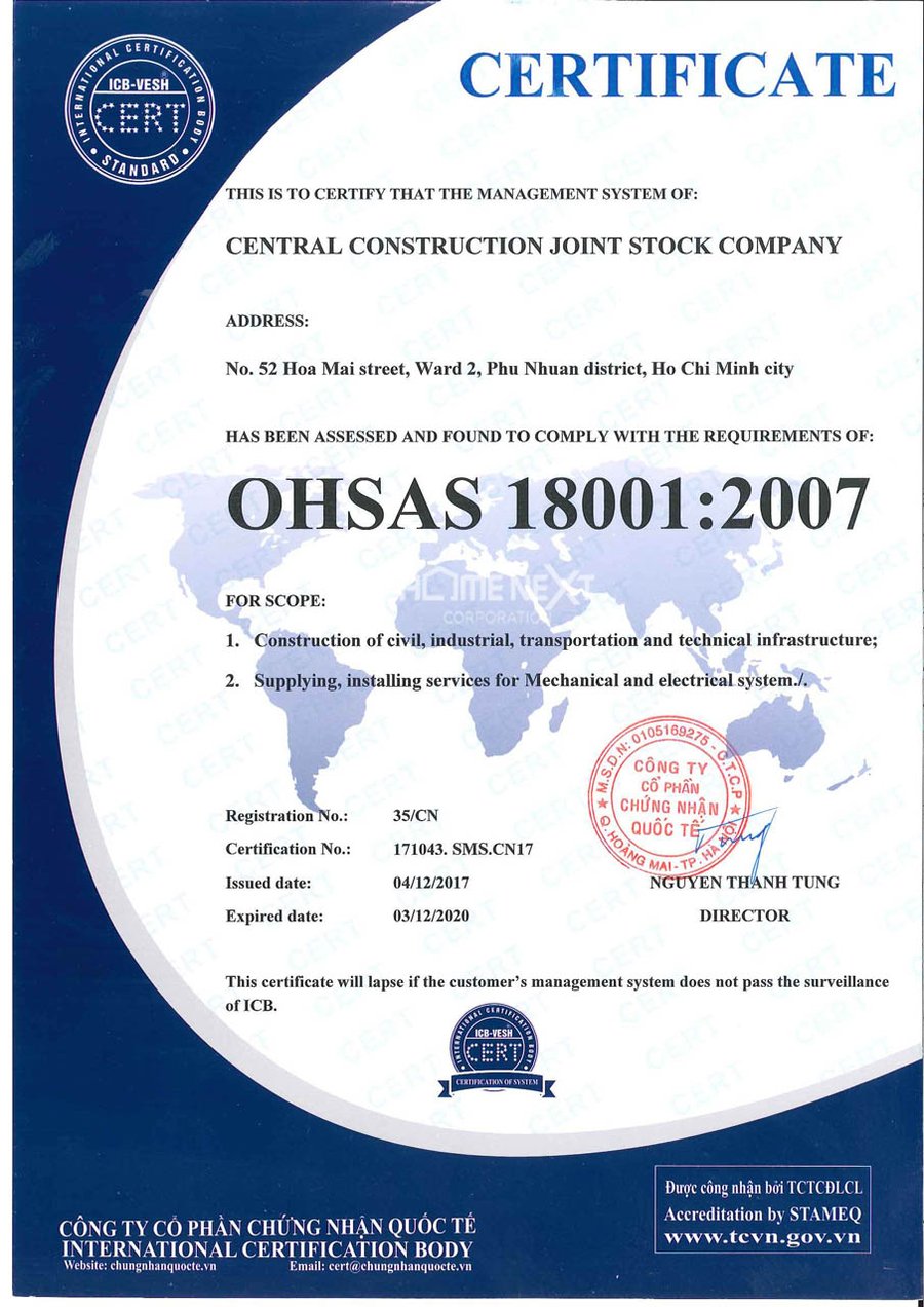 Giấy chứng nhận OHSAS của Central Giấy chứng nhận OHSAS của Central