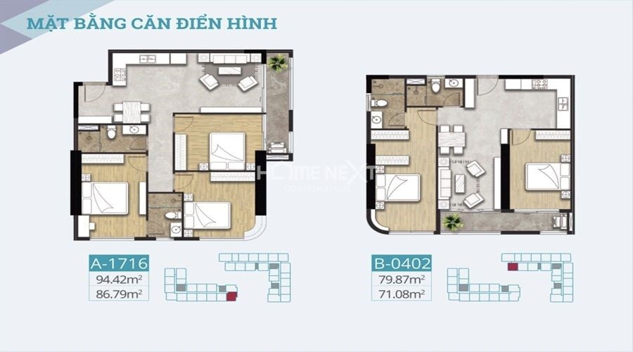 Mặt bằng căn hộ điển hình 3 phòng ngủ - 2 phòng ngủ
