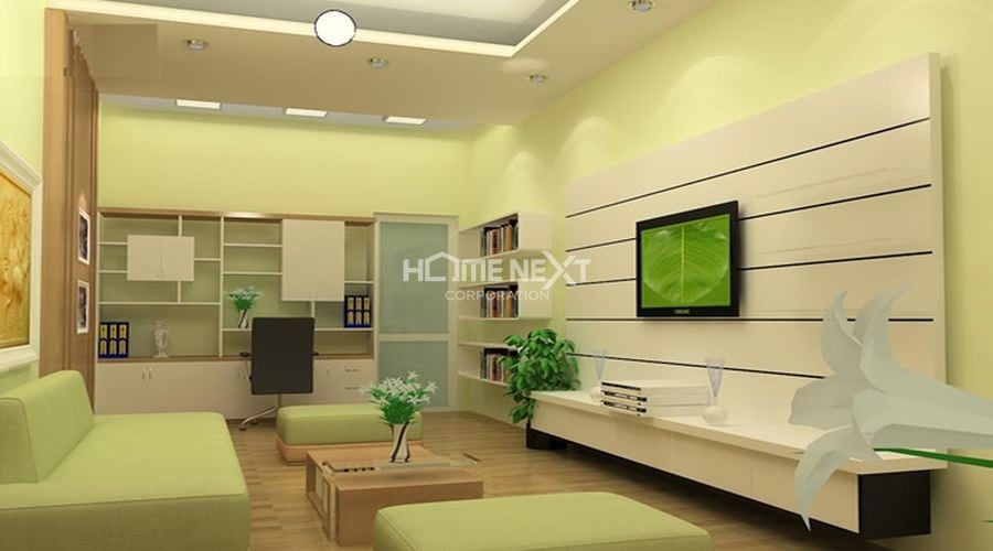 Sơn tường màu xanh diệu nhẹ kết hợp với nội thất hiện đại, tạo không gian sang trọng 