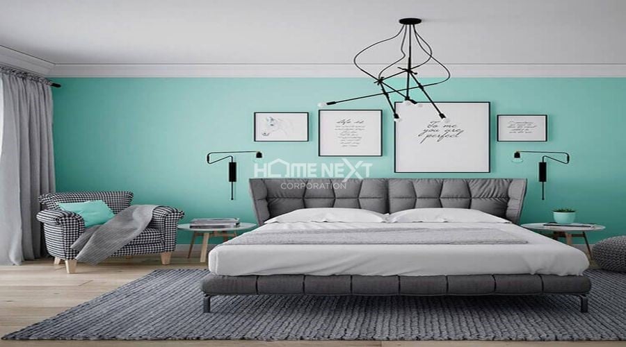 Màu xanh nhạt làm cho không gian phòng ngủ như được nới rộng ra