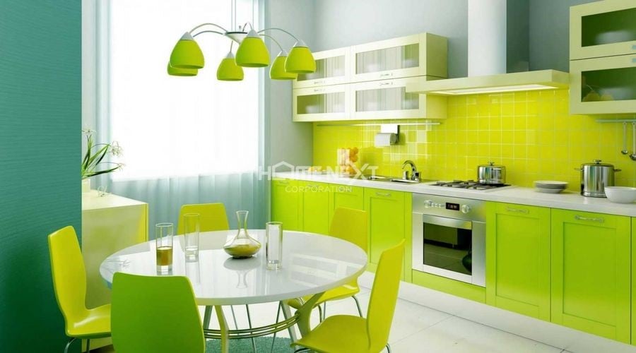 Phòng bếp có màu xanh tươi mới, tạo ấn tượng mạnh mẽ