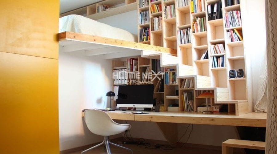 Kết hợp không gian sáng tạo với phòng ngủ, kệ sách và bàn làm việc